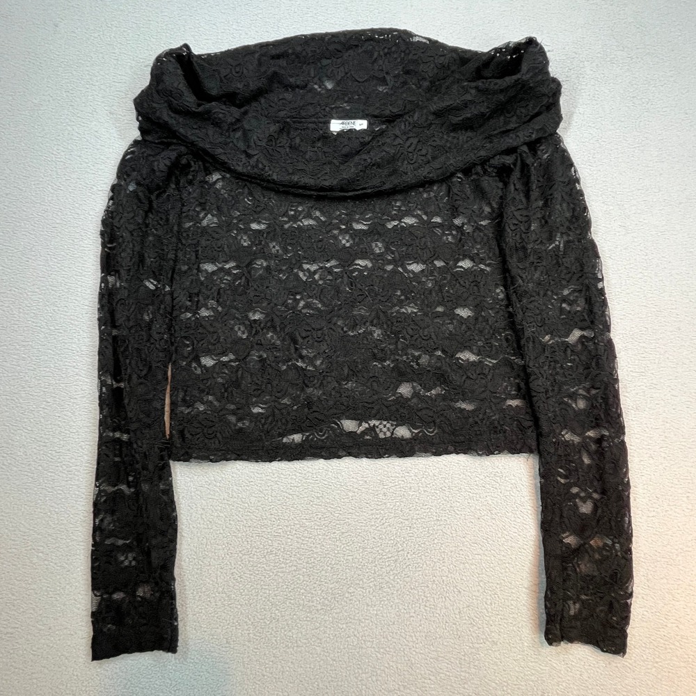 Ardene Black Floral Lace Off Shoulder Crop Top Sheer Long Sleeve Goth Y2K S